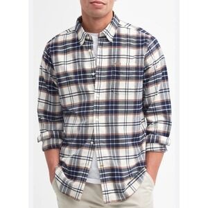 Barbour Portdown Button Down Shirt XL Cream Brown Plaid Tailored Fit Soft Twill